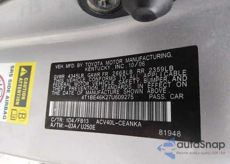 2007 Toyota Camry Le z USA, uszkodzony, nr VIN 4T1BE46K27U609275